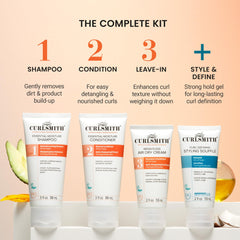 Curlsmith Essential Moisture Shampoo 3oz bottle emphasizes gentle cleansing for hydrated curls.