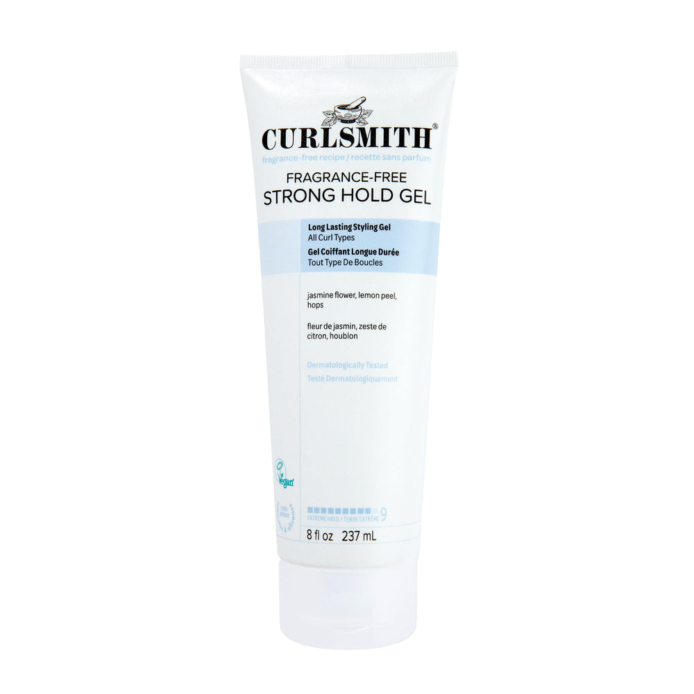 CURLSMITH fragrance-free strong hold gel bottle promotes long-lasting curl definition