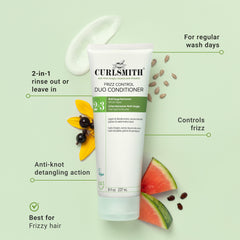 CURLSMITH Frizz Control Duo apply leave-in close-up for detangling.