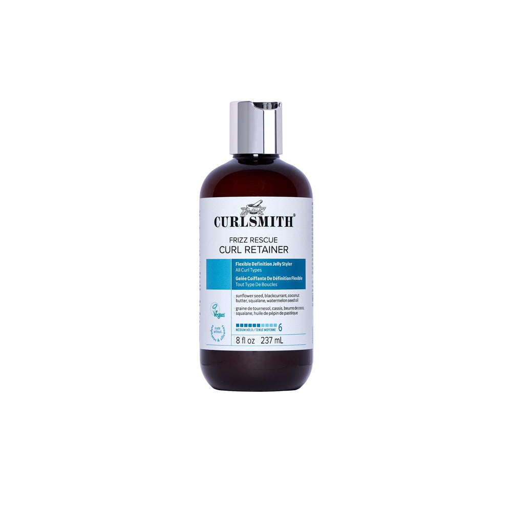 CurlSmith Frizz Rescue bottle pour demonstrates easy application for frizz-prone curls