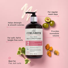 Curlsmith Full Body Conditioner bottle pour, ideal for easy wash-day application.