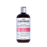 CURLSMITH Full Body Weightless Shampoo bottle closeup shows cleansing action and volume boost.