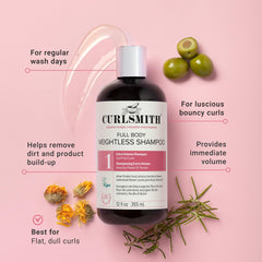 CURLSMITH Full Body Weightless Shampoo rich lather emphasizes gentle cleansing for curls.