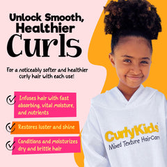 CurlyKids etiqueta de ingredientes naturales destaca hidratación suave para rizos.