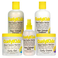 CurlyKids Super Detangle Spray Bundle display shows easy detangling for curly hair.