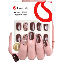 Curvlife uñas postizas con diseño botánico marrón apricot, ajuste natural y duradero.