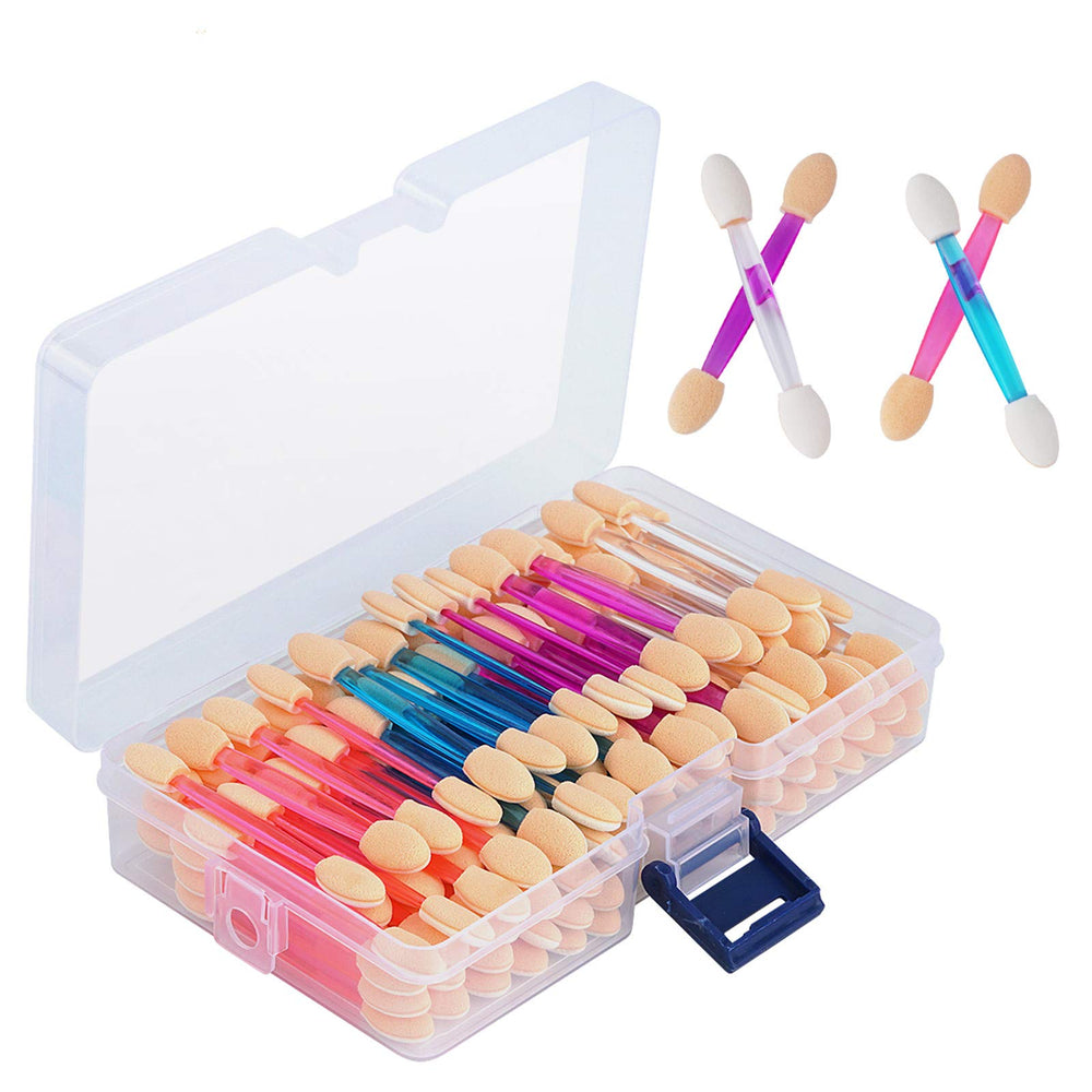 Cuttte 120pcs eyeshadow applicators in a container for precise color placement.