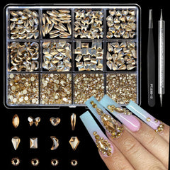Cycullinyt 1660Pcs champagne nail rhinestones with 8 shapes for versatile nail art and crafts.