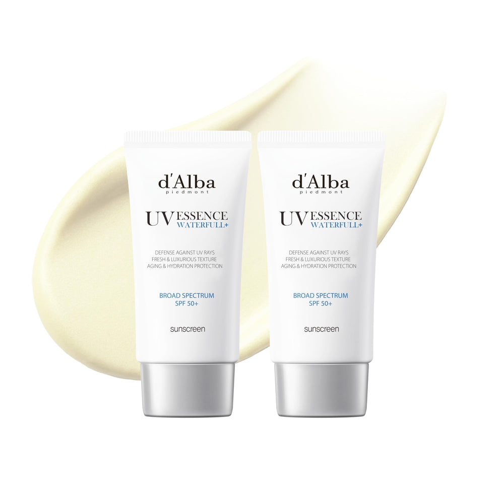 d'alba Piedmont Waterfull Essence Sunscreen bottle shows lightweight hydration and SPF 50+ protection