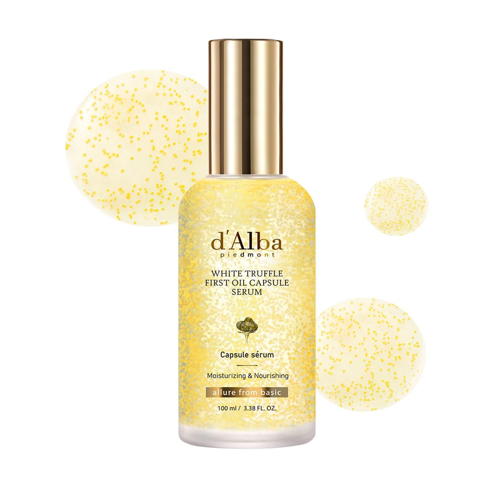 d'alba Piedmont White Truffle Oil Capsule Serum bottle closeup showing hydration
