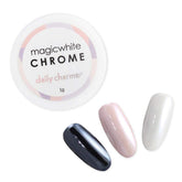 Daily Charme Magic White Chrome Powder jar closeup showing pearlescent glaze for nails