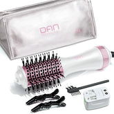 DAN Technology auto dual voltage hair dryer brush in a compact travel-ready setup