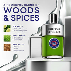 Dana British Sterling label view conveys heritage and refined grooming rituals.