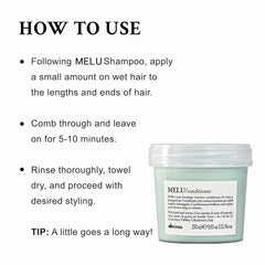 Davines MELU being applied to hair for frizz-free manageability.