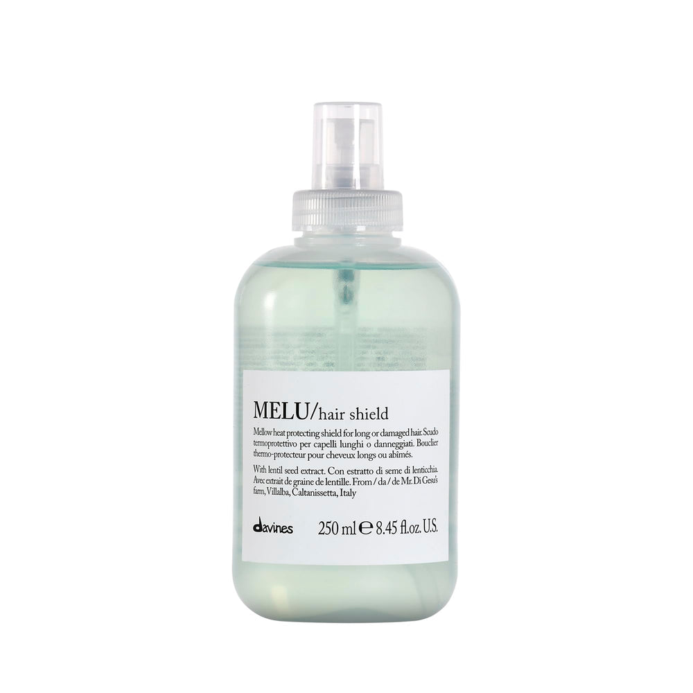 Davines MELU Hair Shield bottle closeup showing heat protection barrier