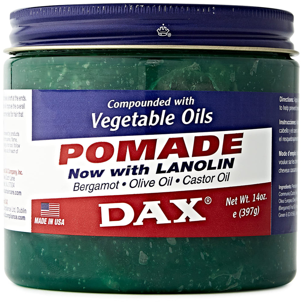 DAX Pomade jar closeup, creamy texture ideal for smooth styling.