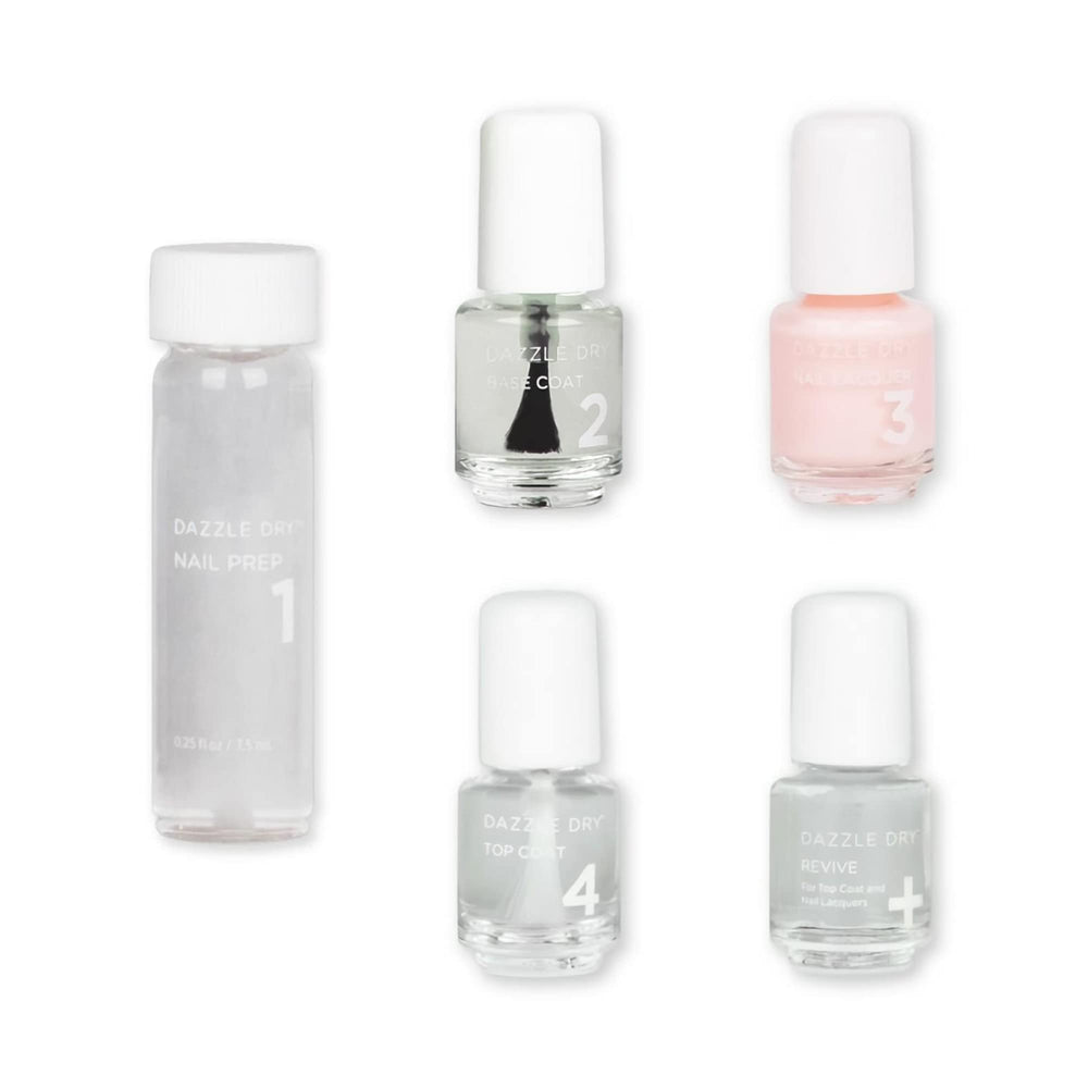 Dazzle Dry Strawberry Macaron mini kit bottle shows semi-sheer color for long-lasting nails.