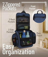 DD D&D Wanderlust hanging toiletry bag open compartments reveal easy access to essentials.