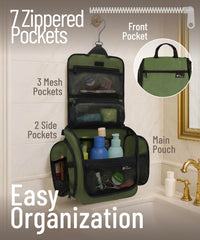 DD D&D Wanderlust hanging toiletry bag, open with compartments visible for cosmetics on trips.