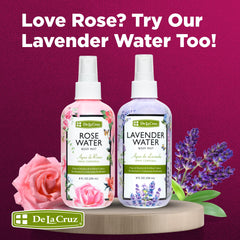 De La Cruz Rose Water Body Mist on bedside tray for relaxing scent.