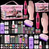 Deciniee Nail Kit Beginners pink with practice hand for nail art practice.