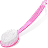 DecorRack bath brush with long pink handle for easy back exfoliation.