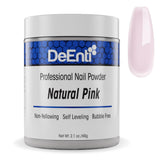 DeEnti polvo acrilico rosa natural para uñas con acabado suave y profesional.