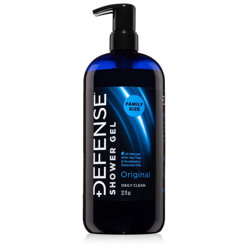 Defense Soap Tea Tree Body Wash bottle with pump for refreshing post-workout cleanse.