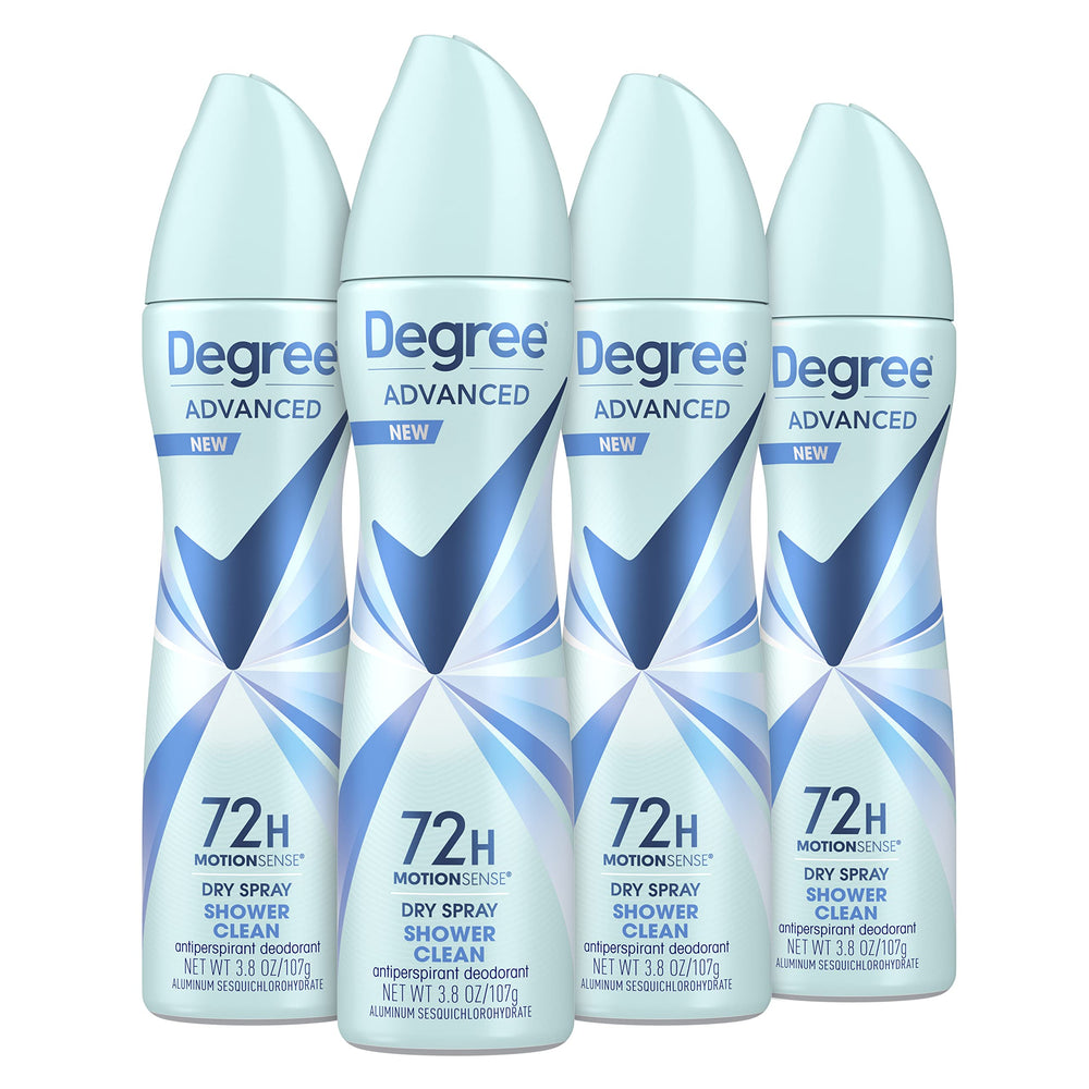 Degree Advanced Shower Clean spray bottle with MotionSense technology for on-the-go protection.