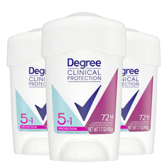 Degree Clinical Protection 5-in-1 stick for long-lasting sweat and odor control.