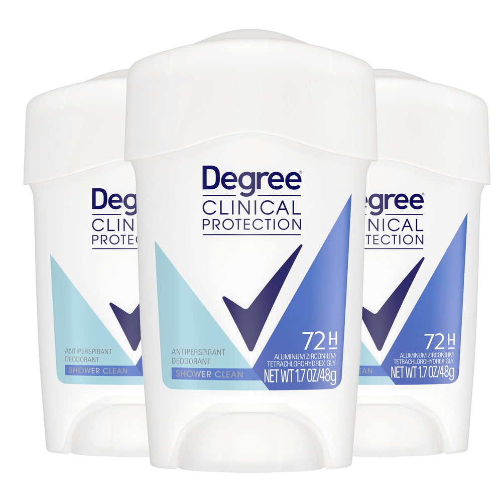 Degree Clinical Protection Shower Clean stick front provides all-day protection for an active lifestyle.
