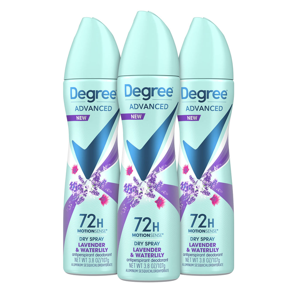 Degree desodorante seco en spray con lavanda y lirio de agua, envase de botella