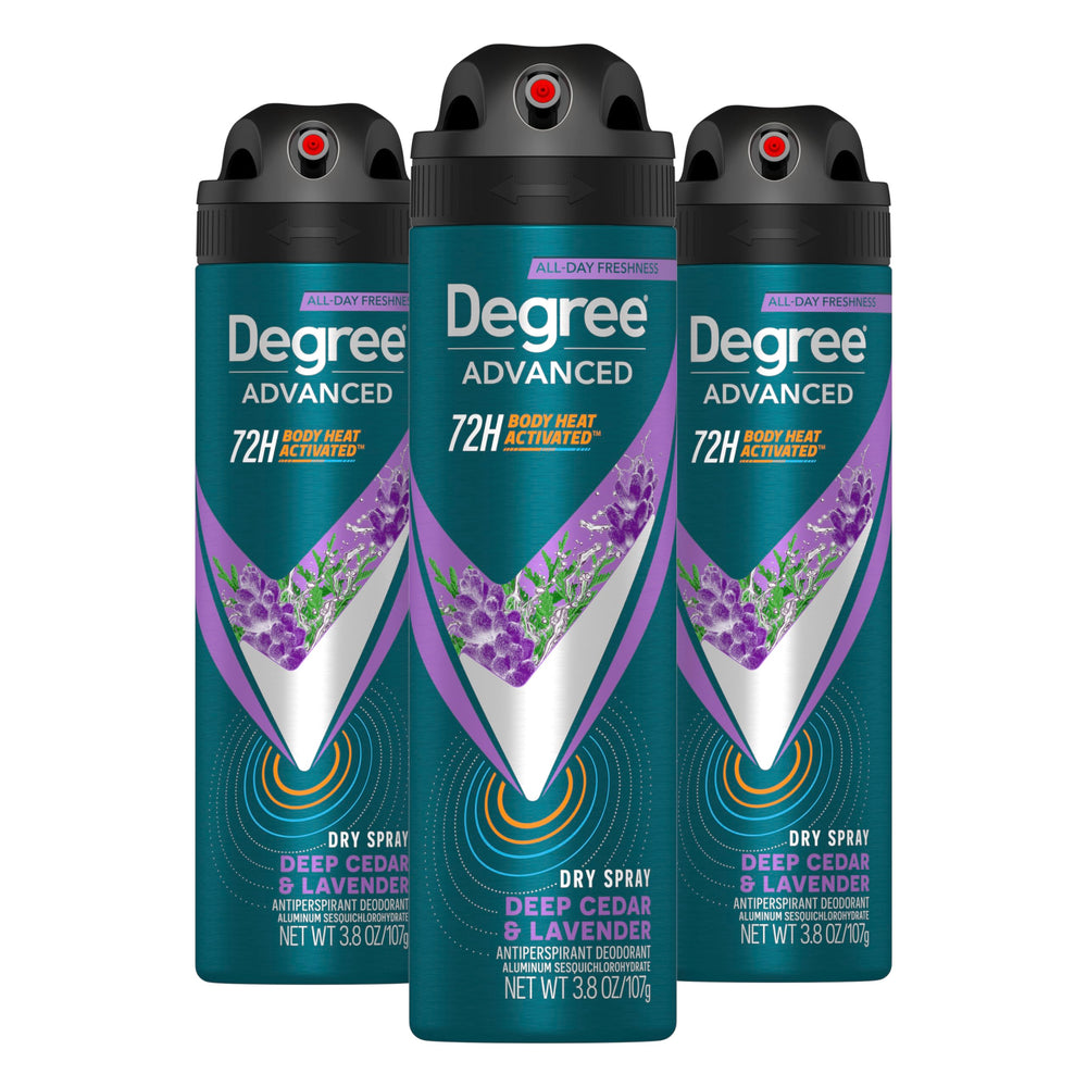 Desodorante Degree Hombre, spray seco con fragancia cedro-lavanda para uso diario.