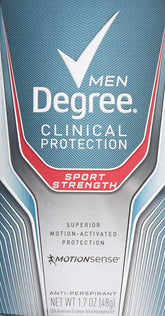 Degree Men Clinical Protection Sport Strength anti-perspirant bottle for daily activity protection.