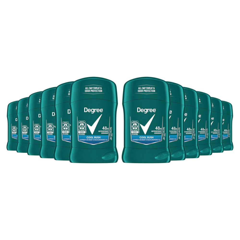 Degree Men Cool Rush twelve-pack sticks for all-day freshness.