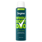 Degree Men desodorante corporal spray para axilas, aroma fresco y protección duradera.