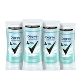 Degree UltraClear Black+White antiperspirant 4-pack showing stain protection for black and white outfits.