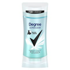 Degree UltraClear Black+White deodorant packaging highlighting anti-white mark technology.