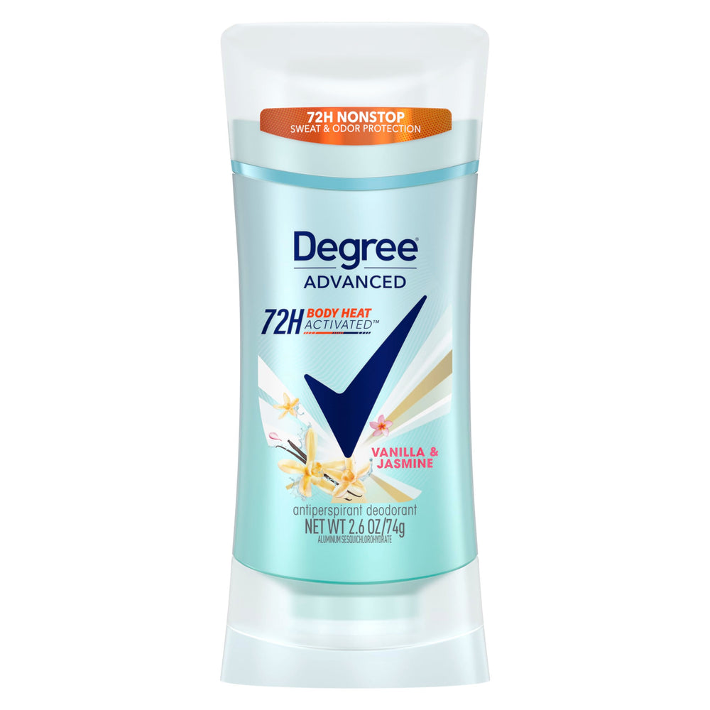 Degree Vanilla Jasmine bottle highlights long-lasting protection and inviting scent.