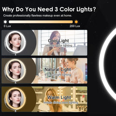 Three-color LED lighting on DEIOVWXS mirror for versatile makeup illumination