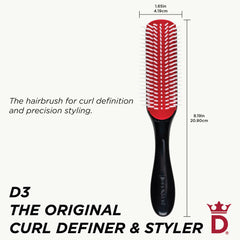 Denman D3 teardrop handle ergonomic closeup for comfortable grip during styling.