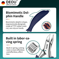 DEOU ergonomic dolphin-shaped handle offers secure, comfortable grip during trimming
