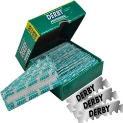 Derby blades compatible with cut-throat and shavette razors for versatile grooming.