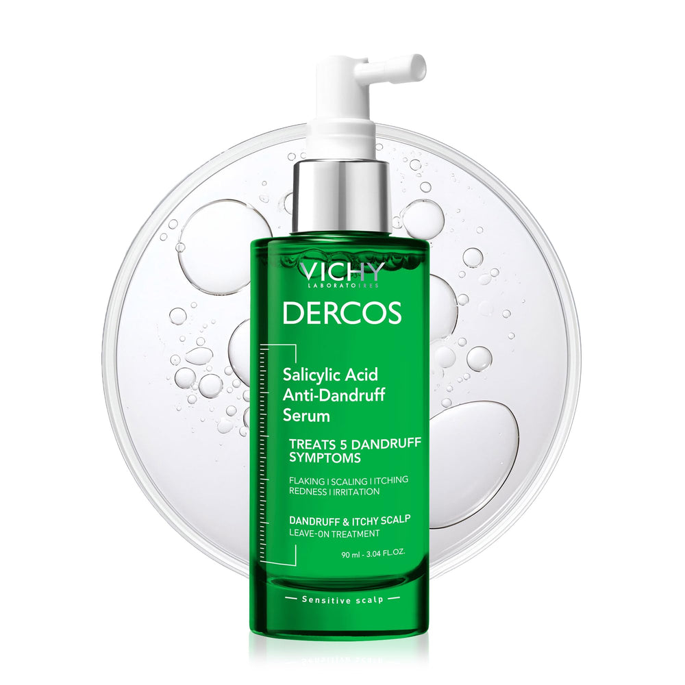 Dercos salicylic acid serum bottle shown for targeted dandruff relief