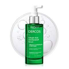 Dercos salicylic acid serum bottle shown for targeted dandruff relief