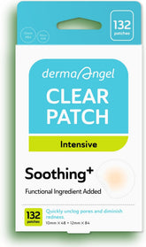 DERMA ANGEL patch on the cheek showing clear coverage and redness reduction.