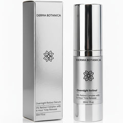 Derma Botanica Overnight Retinol Serum bottle on a vanity, signaling gentle night care