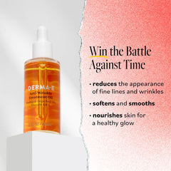 Derma E Aceite antiarrugas, gotas en primer plano, suaviza líneas finas con uso diario.