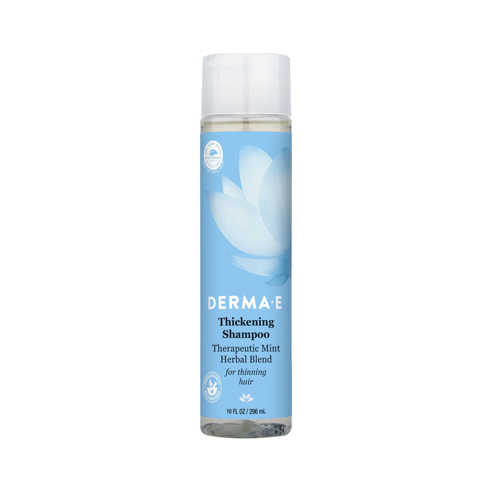 DERMA E Thickening Shampoo bottle pour promotes simple daily cleansing for thinning hair