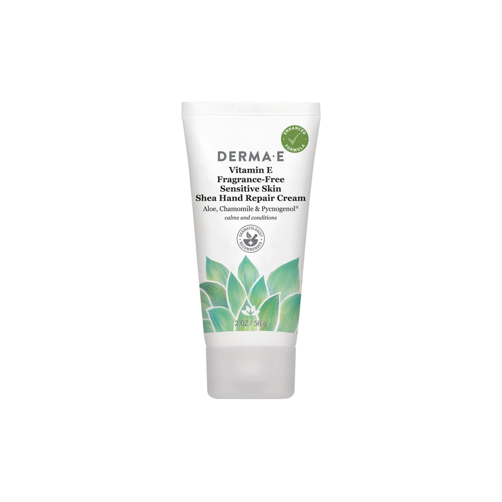Derma E Vitamin E fragrance-free hand cream bottle highlighting lightweight hydration for sensitive skin.